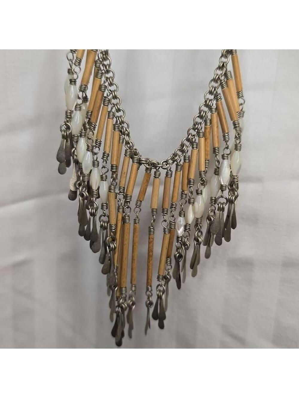 Vintage Boho Metal and Wood Fringe Necklace